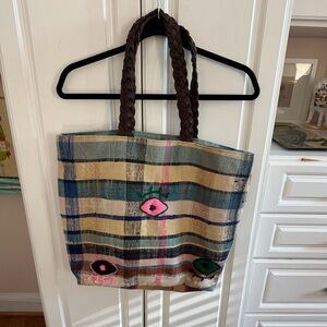 Fantastic evil eye plaid and leather strap tote! New! 19x15x5
